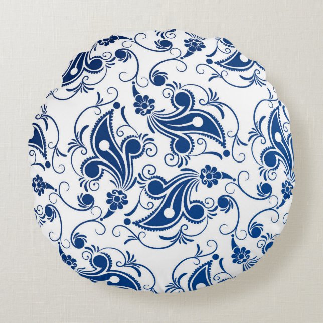 Coussins Ronds Batik Bleu et Blanc Illustré motif floral (Devant)
