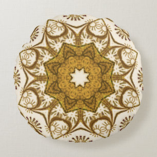 Coussins Ronds Batik Mandala Motif Mustard Gold et Crème