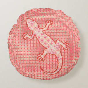 Coussins Ronds Batik tribal Gecko - corail rose et crème