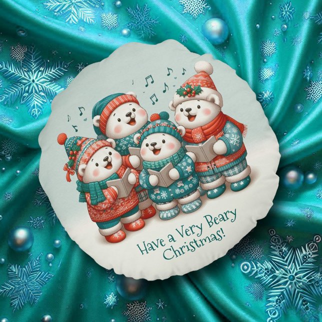 Coussins Ronds Bears Polar mignon chante Avoir un Noël de très Bé (Cute Polar Bears Sing Have a Very Beary Christmas Round Throw Pillow Cover Photo)