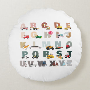 Coussins Ronds Beau Alphabet ABC Camions, Véhicules de transport