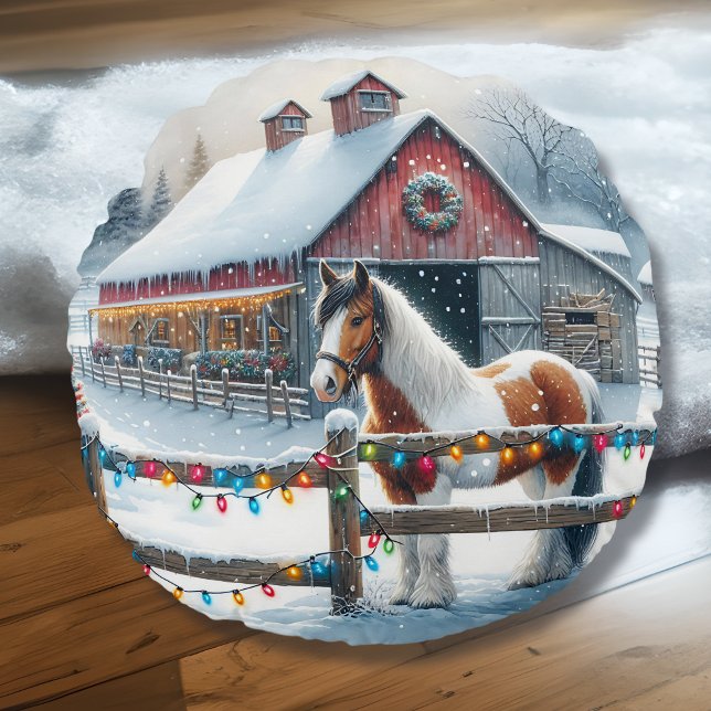 Coussins Ronds Beau cheval sur une ferme de Noël Personnalisé (Créateur téléchargé)