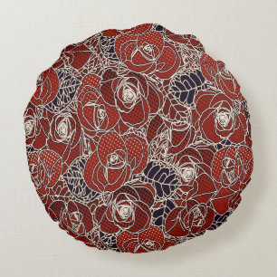 Coussins Ronds Beau design floral rouge, ivoire et bleu