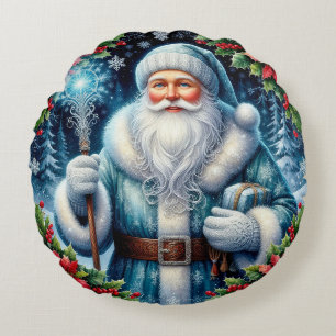 Coussins Ronds Beau Santa revêtu de bleu avec décorations hiverna