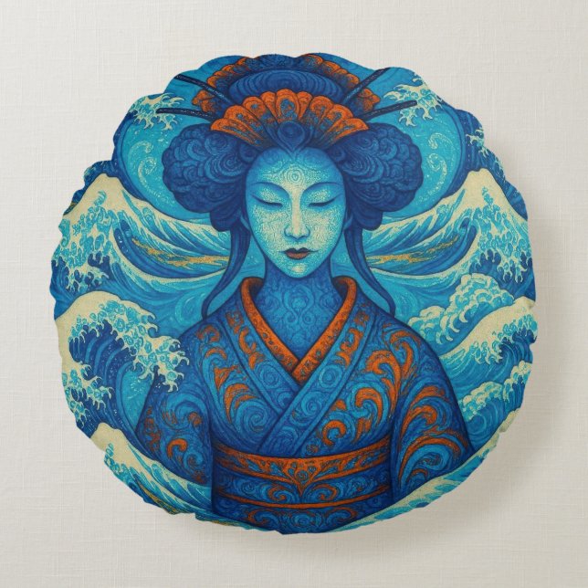 Coussins Ronds Beauté orientale Geisha Kanagawa vagues bleues (Devant)