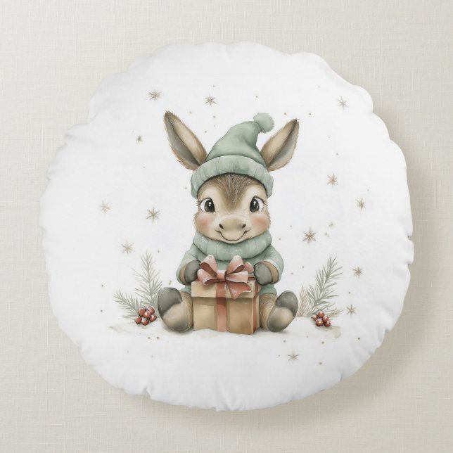 Coussins Ronds Bébé âne en hiver Père Noël Don 4 (Devant)