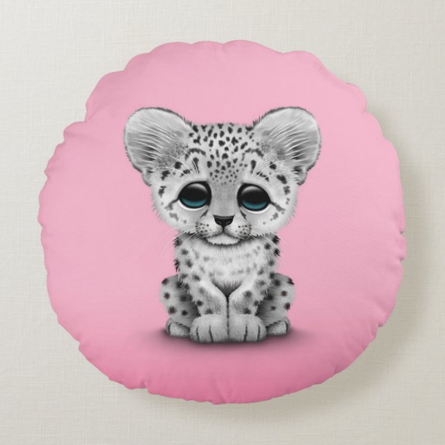 Coussins Ronds Bébé mignon Léopard de neige sur rose (Devant)
