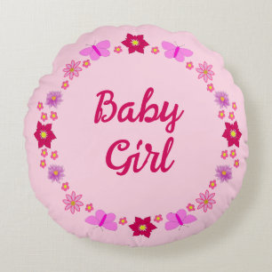 Coussins Ronds Bébé rose Papillons et fleurs personnalisés