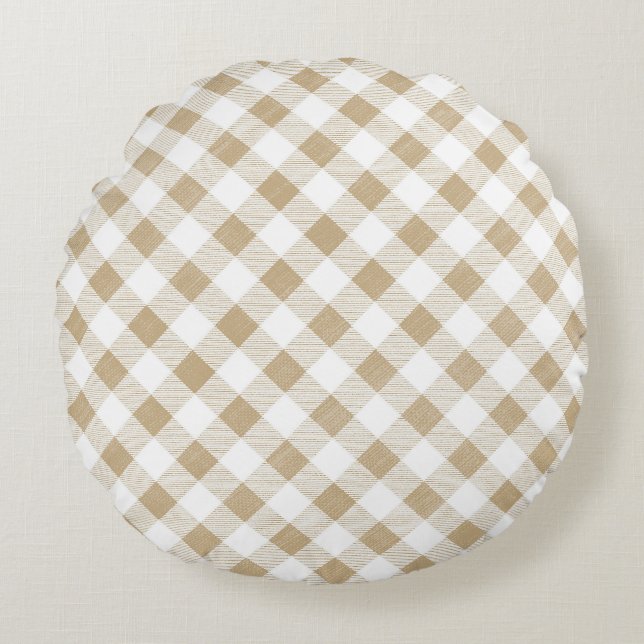 Coussins Ronds Beige neutre rustique En vichy Plaid (Devant)