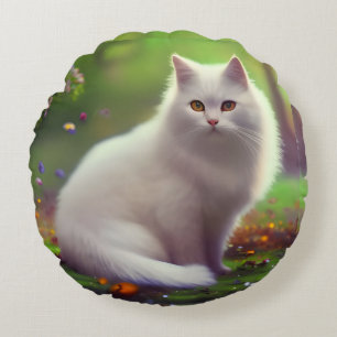 Coussins Ronds Belle Chat Blanc Fluffy