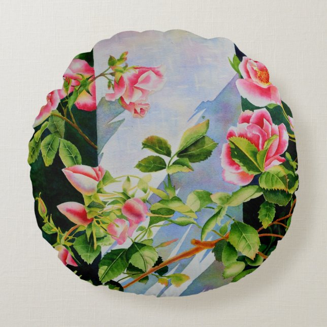 Coussins Ronds Belle rose rose rouge roses blanc aquarelle floral (Devant)