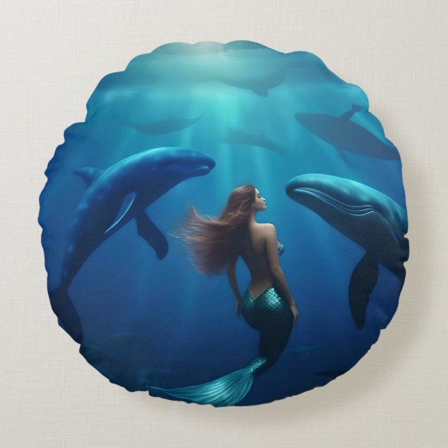 Coussins Ronds Belle Sirène Nager Avec Baleines À Bosse, (Devant)