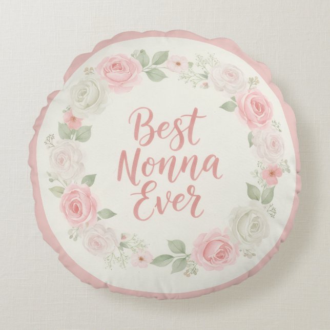 Coussins Ronds Best Nonna Ever Pink & Green Floral Wreath (Devant)