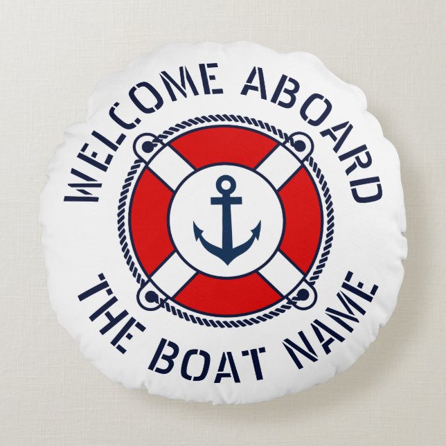 Coussins Ronds Bienvenue à bord du bateau nom nautique ancre mari (Devant)