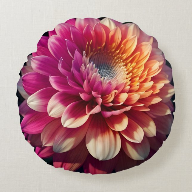 Coussins Ronds Blanc Orange Jaune Rose Violet Bleu Dahlia Fleur (Devant)