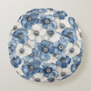 Coussins Ronds Bleu Blanc Denim Coeur rayures Floral