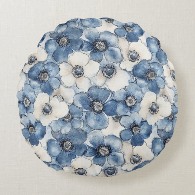 Coussins Ronds Bleu Blanc Denim Coeur rayures Floral (Devant)