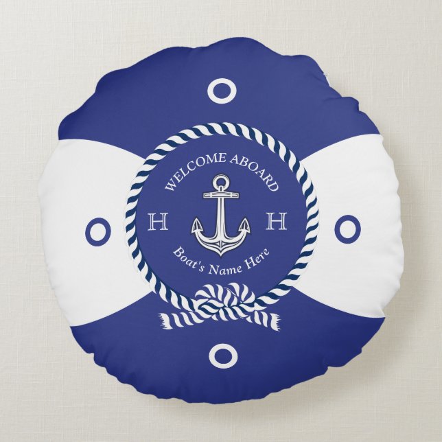 Coussins Ronds Bleu blanc personnalisé Ancre Cercle Nautique rond (Dos)