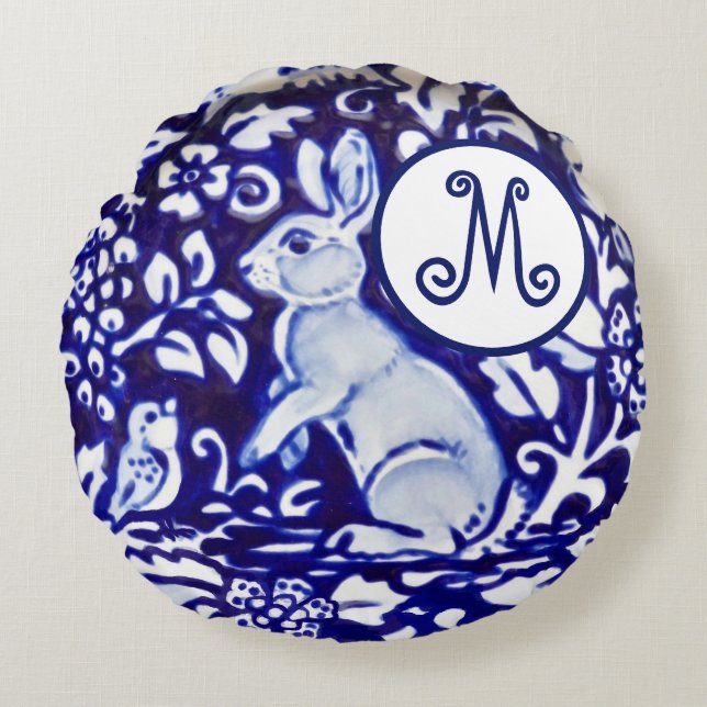 Coussins Ronds Bleu Blanc Rabbit Oiseau Floral Monogramme Élégant (Devant)