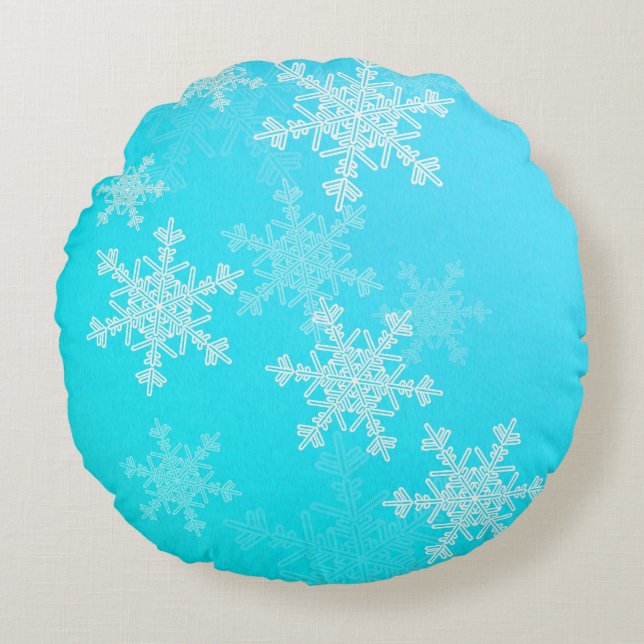 Coussins Ronds Bleu Blanc Snowflakes minimaliste Noël (Devant)