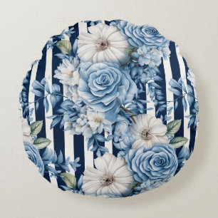 Coussins Ronds Bleu bleu marine rayures florales