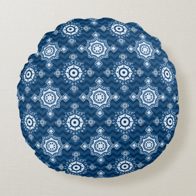 Coussins Ronds Bleu classique | Style Boho Deux Designs (Devant)