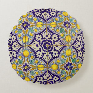 Coussins Ronds Bleu Méditerranée Motif Fleurs Jaunes