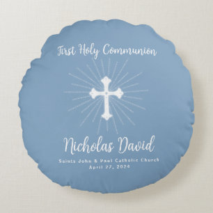 Coussins Ronds Bleu Poussiéreux Première Communion avec Croix