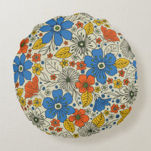 Coussins Ronds Bleu rétro, Jaune & Orange Floral