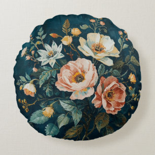 Coussins Ronds Bleu sarcelle foncé orange floral Cottagecore vint