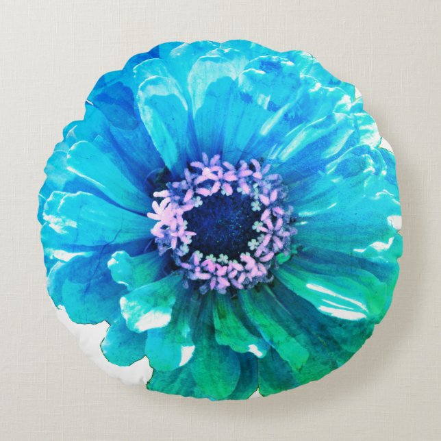 Coussins Ronds Bleu turquoise, fleur bleue (Devant)