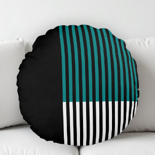 Coussins Ronds Bloc de couleur moderne rayé sarcelle noir blanc
