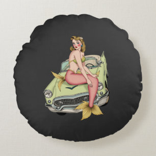 Coussins Ronds Blonde Mermaid on Vintage Green Car Watercolor Ill