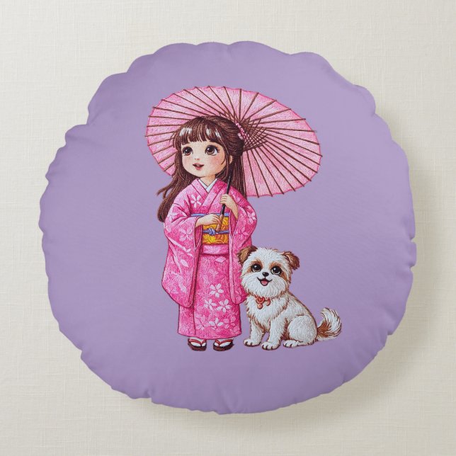 Coussins Ronds Blossom Companions : Kimono Girl & Puppy Round Pil (Devant)