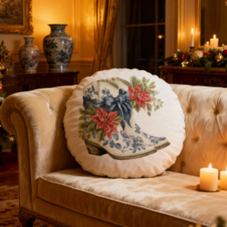 Coussins Ronds Blue Chinoiserie Christmas Cowgirl Boots Pillow