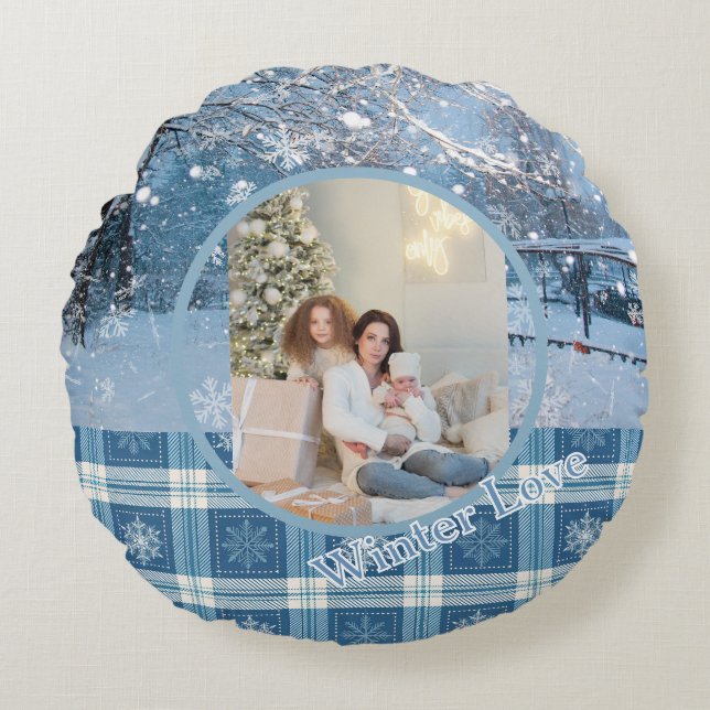 Coussins Ronds Blue Cozy Plaid Snowy Winter Photo Christmas  (Devant)