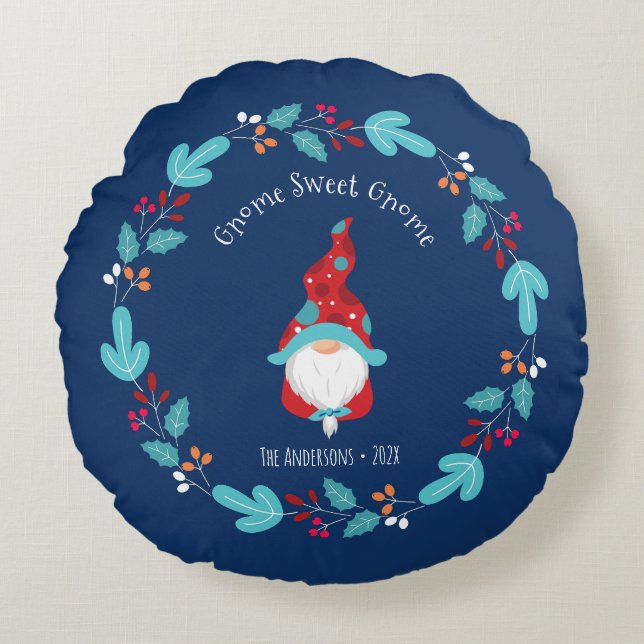 Coussins Ronds Blue Gnome Sweet Gnome Elf Moderne Floral Wreath (Devant)