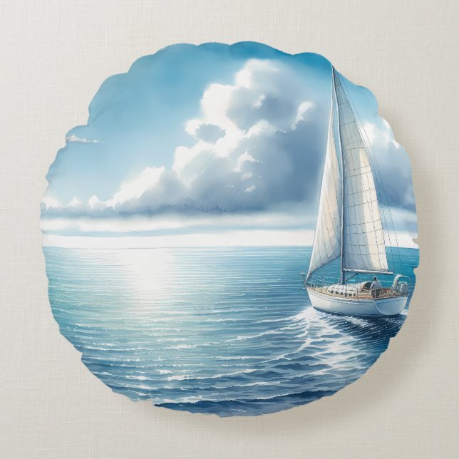 Coussins Ronds Blue Horizon Solitary Sailboat (Devant)