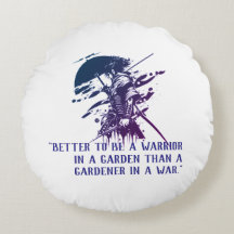 Blue Ink Samurai Warrior Custom Quote Round Pillow