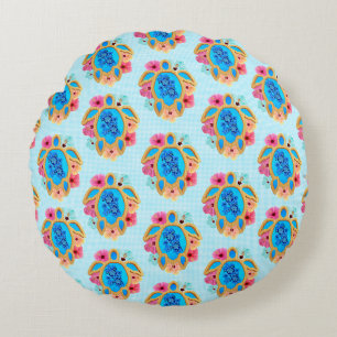 Coussins Ronds Blue Island Tropical Sea Turtles Floral