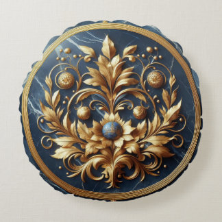 Coussins Ronds Blue Marble Gold-Trim Round Decorative Pillow