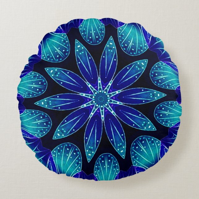 Coussins Ronds Blue & Teal Petals Mandala (Devant)