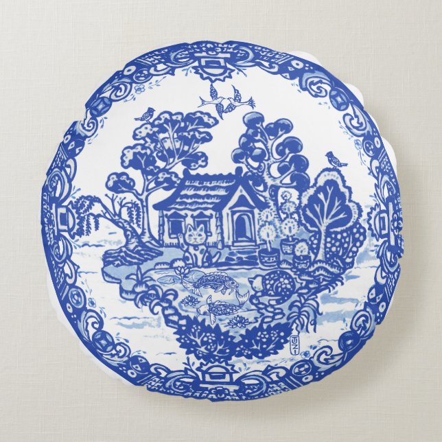 Coussins Ronds Blue Willow Chat chanceux Koi Pond Chine Temple un (Devant)