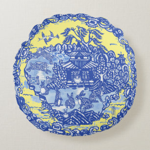 Coussins Ronds Blue Willow Isle of Rabbits Yellow Whimsical
