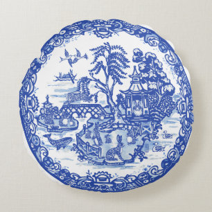 Coussins Ronds Blue Willow Rabbit Island Art Imaginaire antique
