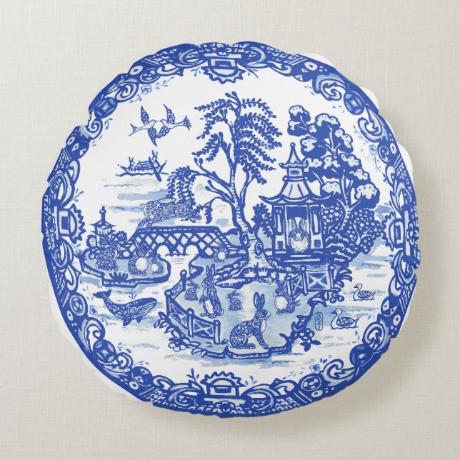 Coussins Ronds Blue Willow Rabbit Island Art Imaginaire antique (Devant)