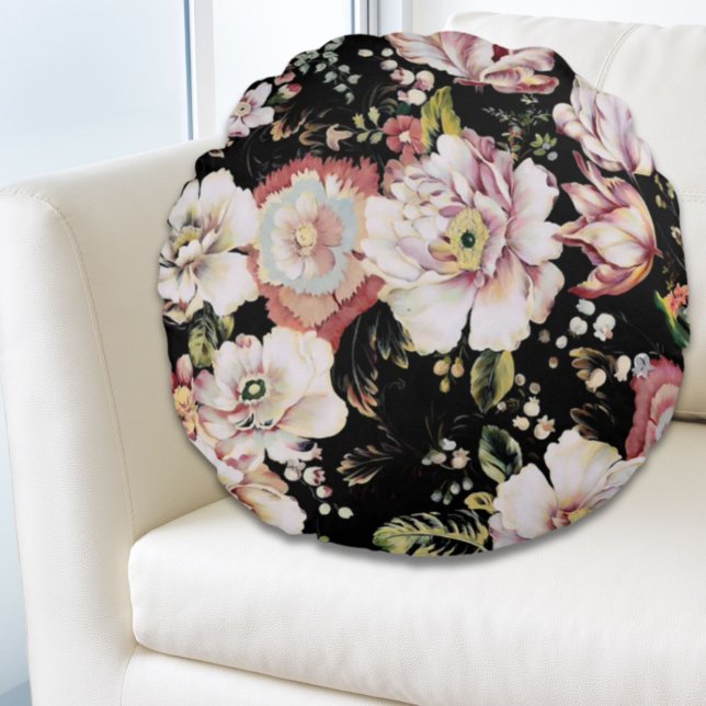 Coussins Ronds bohème chic rose pâle fleurs sombres floral (bohemian chic blush pink flowers dark floral round pillow)