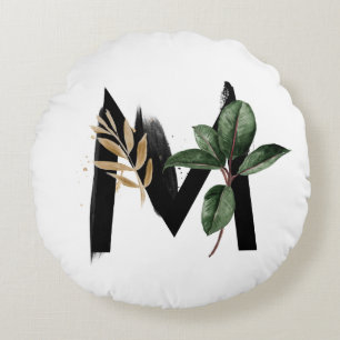 Coussins Ronds Boho Aquarelle Tropical Feuille Lettre M Monogramm