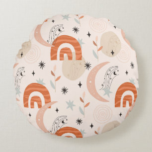 Coussins Ronds Boho arc-en-ciel abstraite ligne art lune étoiles 