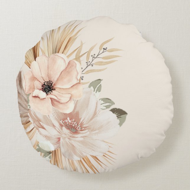 Coussins Ronds Boho Beige Aquarelle Fleurs Palms Jeter Oreiller (Dos)